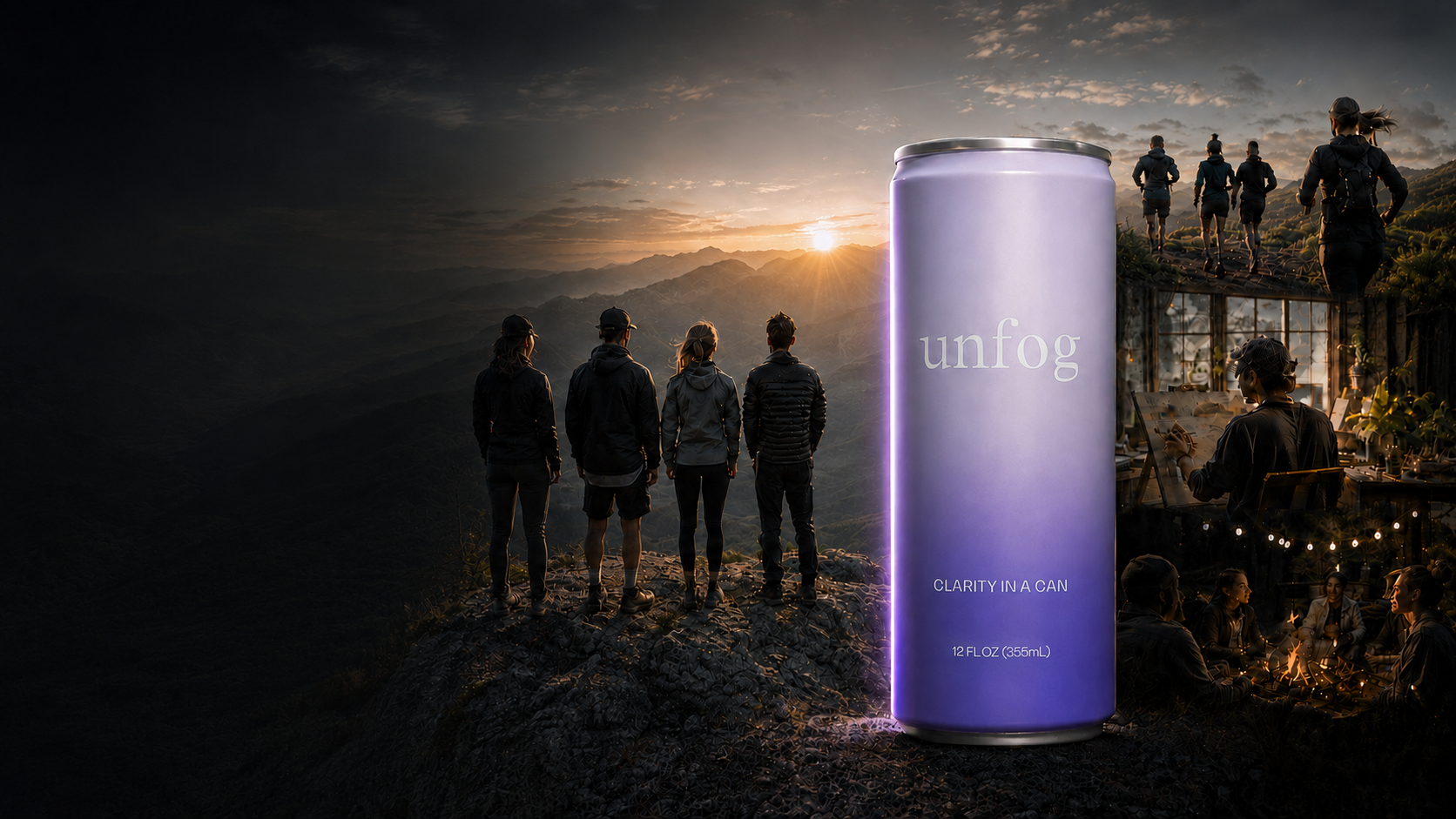Friends on a summit watching the sunrise beside a glowing lavender UNFOG can, with trail runners, an artist studio, and a firepit gathering
