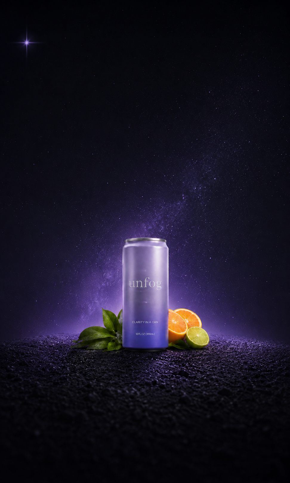 Lavender UNFOG can with citrus under a starlit sky