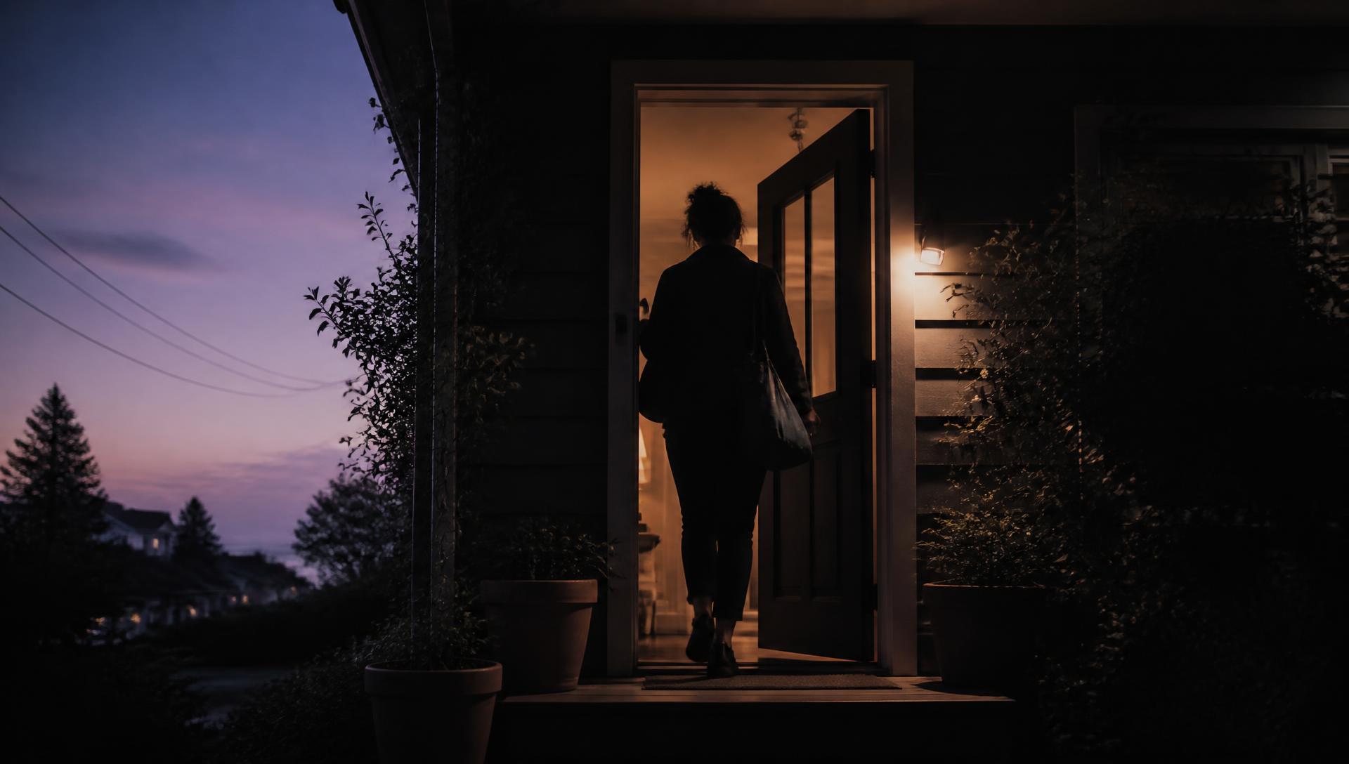 A person stepping through a warmly lit front door at dusk