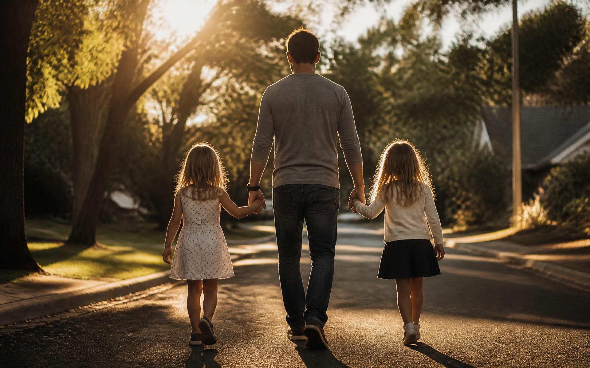 A father walking hand in hand with his two daughters down a tree-lined street in golden evening light