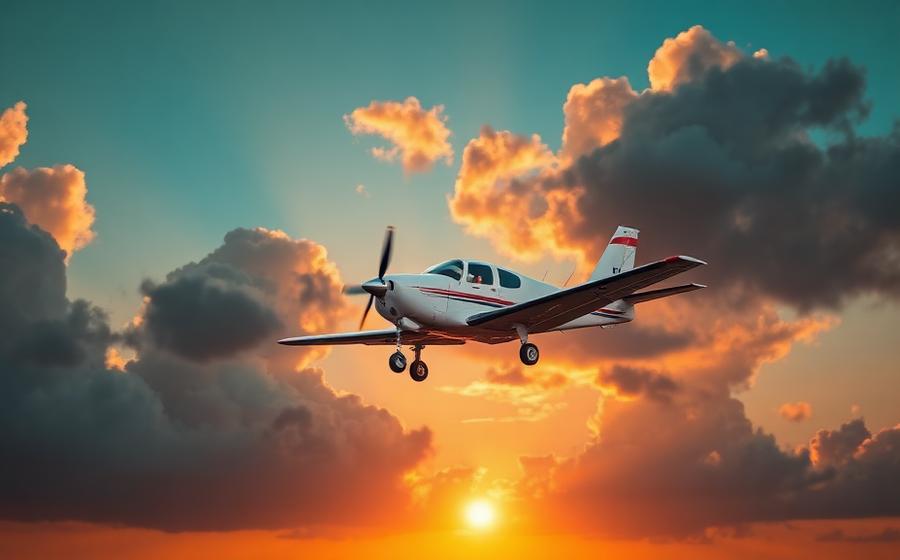 Small propeller plane climbing into a sunset sky