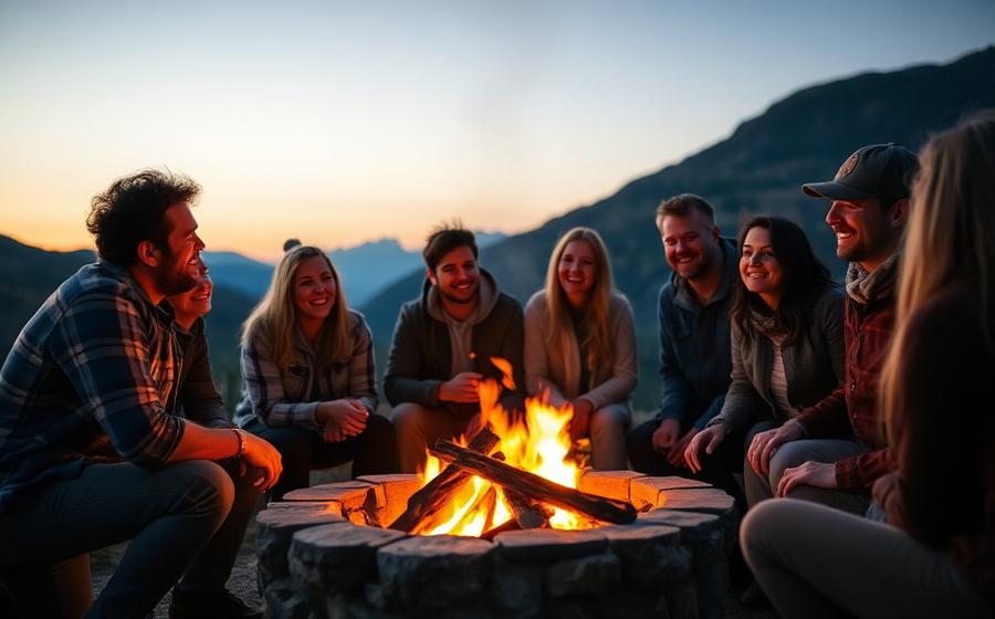 Friends gathered around a firepit at dusk in the mountains