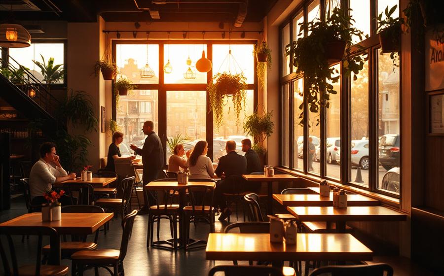 Neighborhood cafe interior in warm golden-hour light
