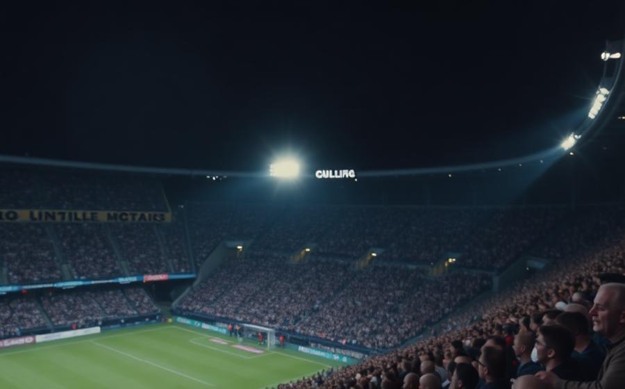 Floodlit stadium filled with a night-time crowd
