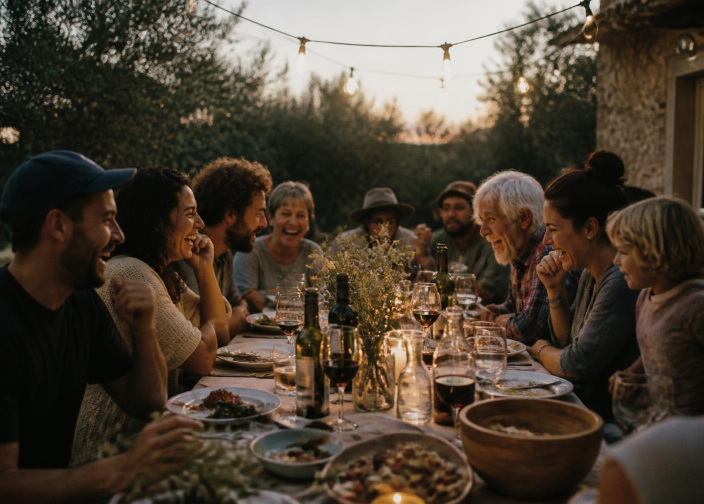 Friends and family of different ages laughing around a long outdoor dinner table at dusk