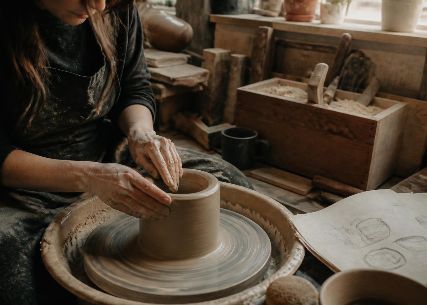 Hands shaping clay on a pottery wheel in a warm, lived-in home studio