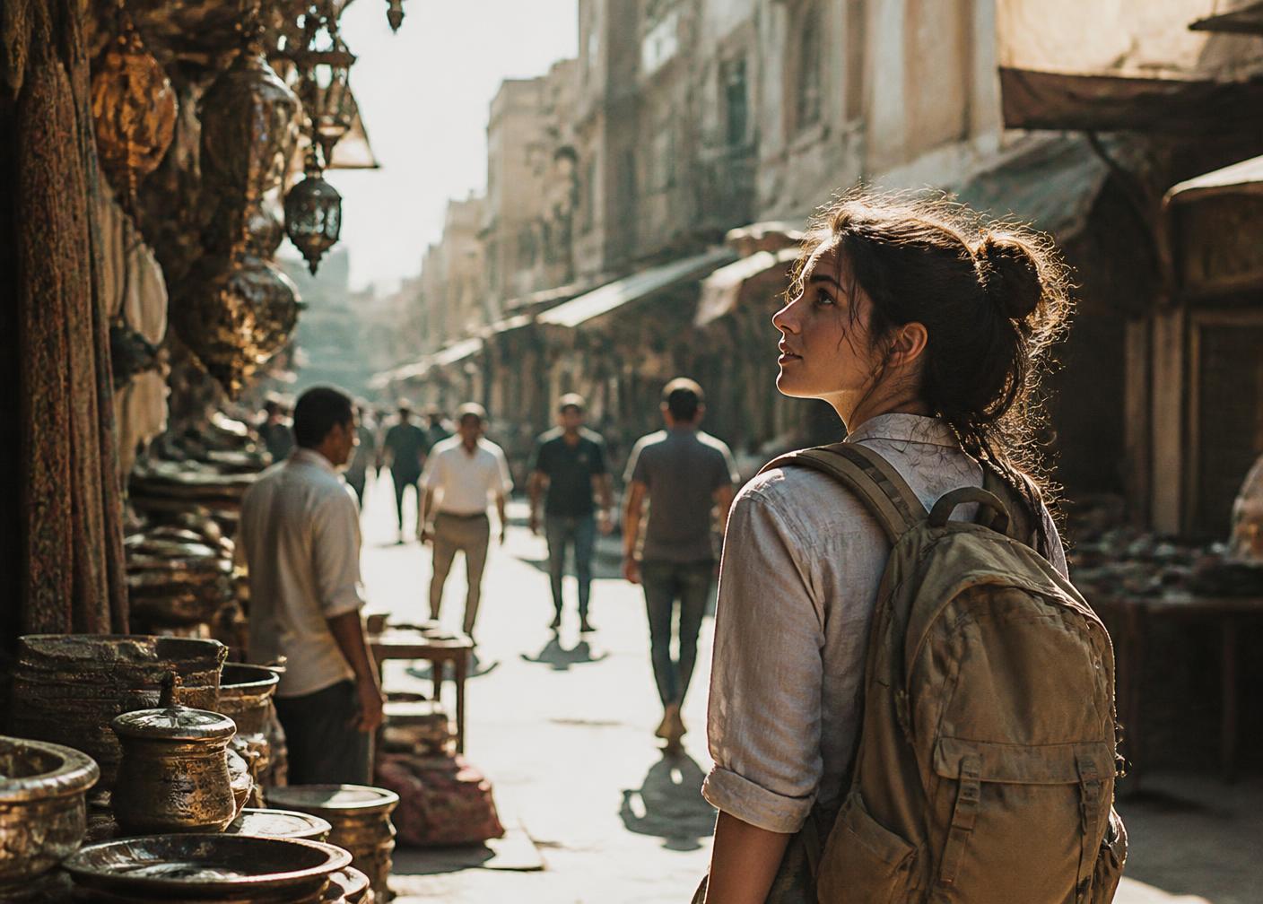 A traveller pausing to look up at lanterns in a sunlit street market