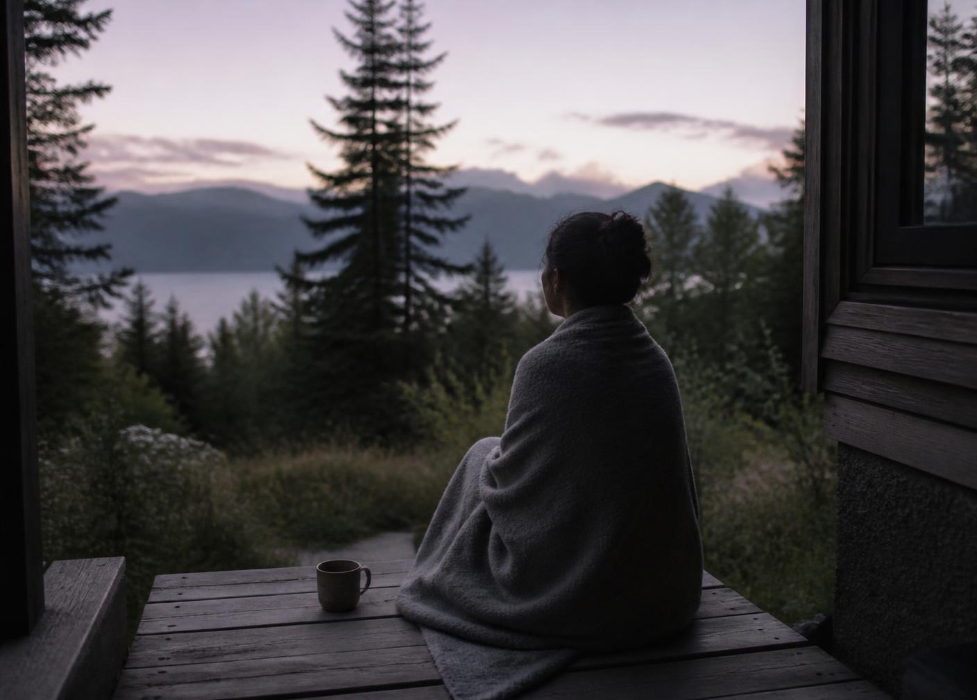 A person wrapped in a blanket sitting on wooden steps watching an early morning lake view