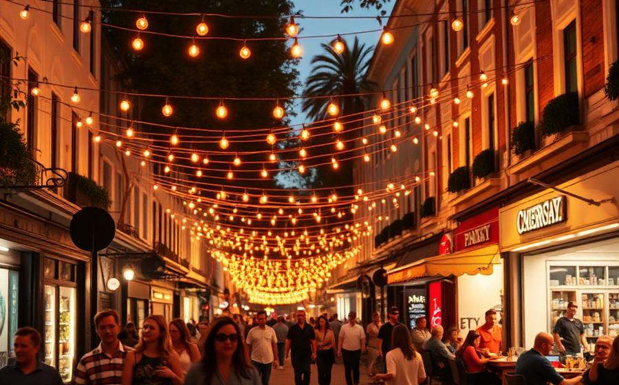 Evening street festival lit by warm string lights