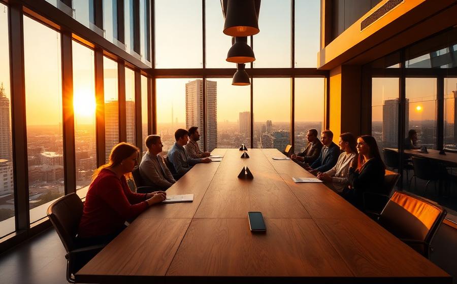 Colleagues meeting around a long table at golden hour