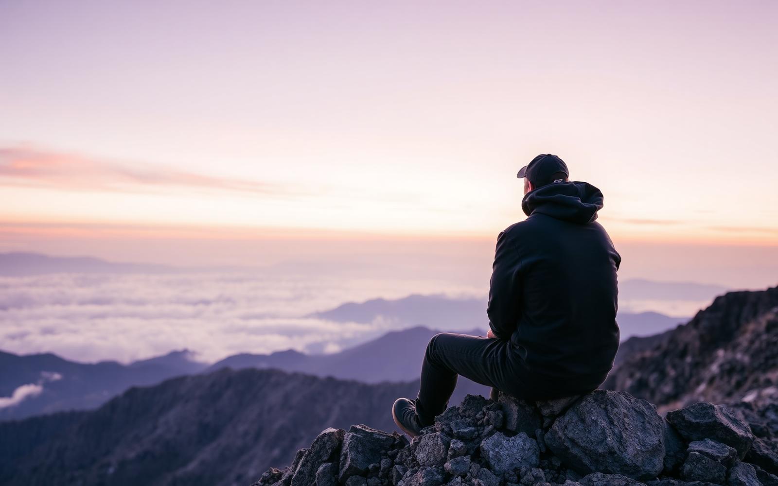 A person sitting on a mountain summit above the clouds at sunrise