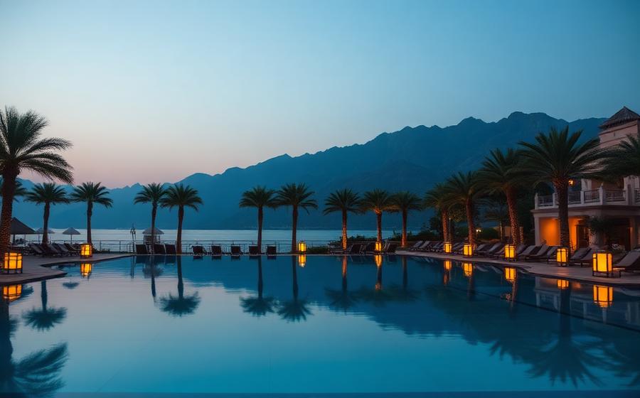 Resort pool at dusk framed by palm trees and mountains