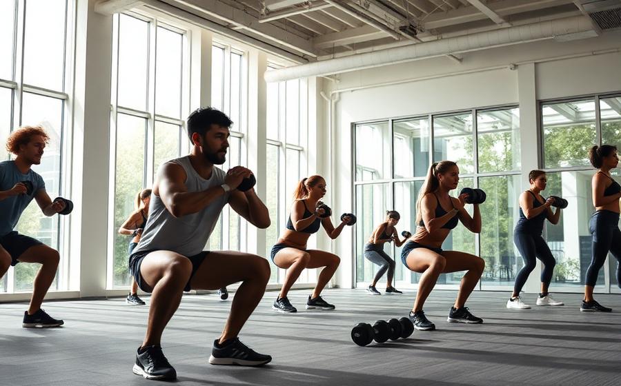 Group fitness class training in a bright studio